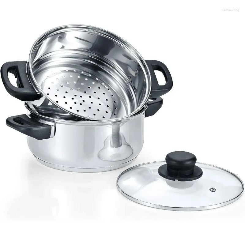 Cookware Sets Stainless Steel 3 Piece Steamer Set. Features 2 Quart Veggie And Cooking Pot With Tempered Glass Lid.