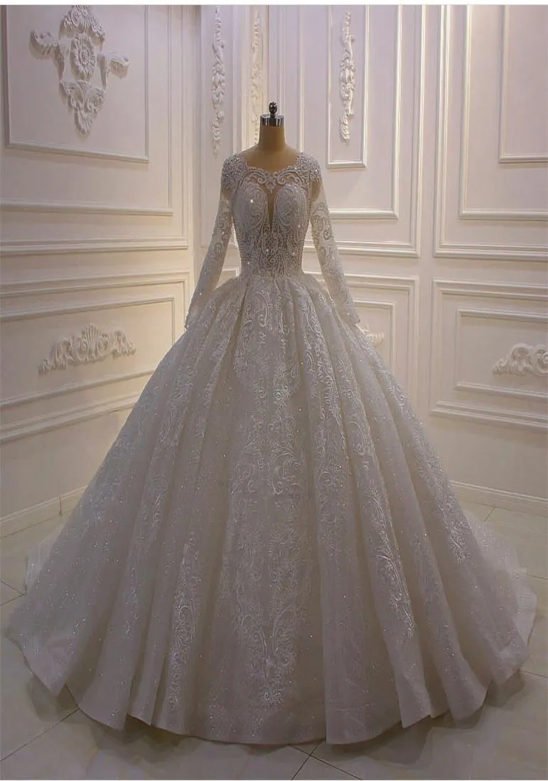 Luxury Lace Ball Gown Wedding Dresses Long Sleeve Beaded Arabic Bridal Gowns Cathedral Train Plus Size 20211298880