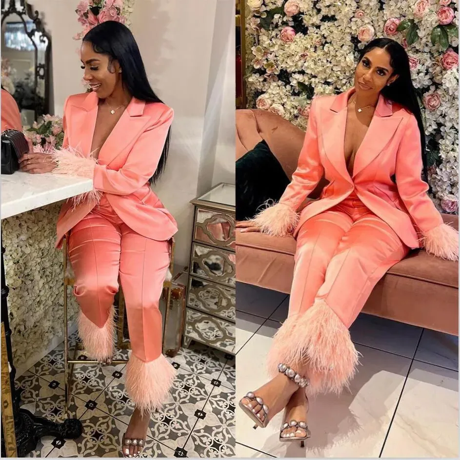 Satin Tailored Women Pants Suits Ostrich Feather Fashion Ladies Prom Formal Guest Wear For Wedding 2 Pieces