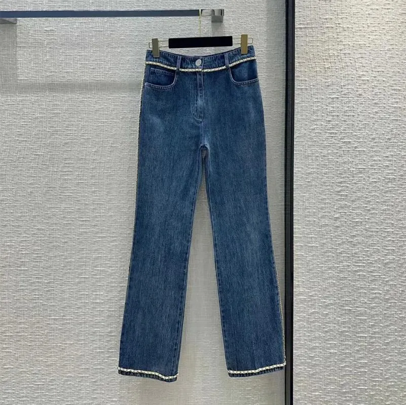 Kvinnors jeans raka kvinnor höga midja fickor metallkedjor dekoration blå casual denim byxor för