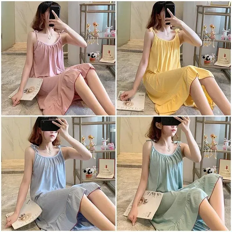 Women's Sleepwear Korean Cute Dress Knee-length Nightgowns For Nighty Thin Women Summer Sleeping Girl Wear Suspended Home Princess Night