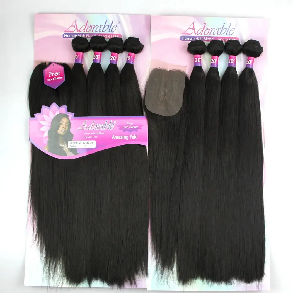 Pack Adorable Yaki Droit Fibre Résistante À La Chaleur Couleur Naturelle Doux Synthétique Paquet Cheveux Avec Fermeture Machine Gratuite Amazing Yaki 4pcs