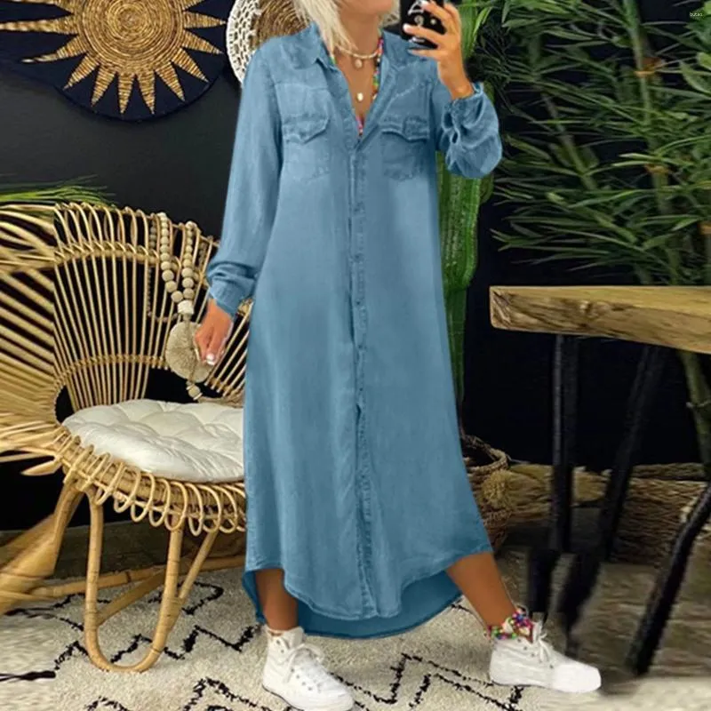 Casual Dresses Women Solid Denim Dress V Neck Long Sleeve Button Pocket Loose Masquerade For Evening