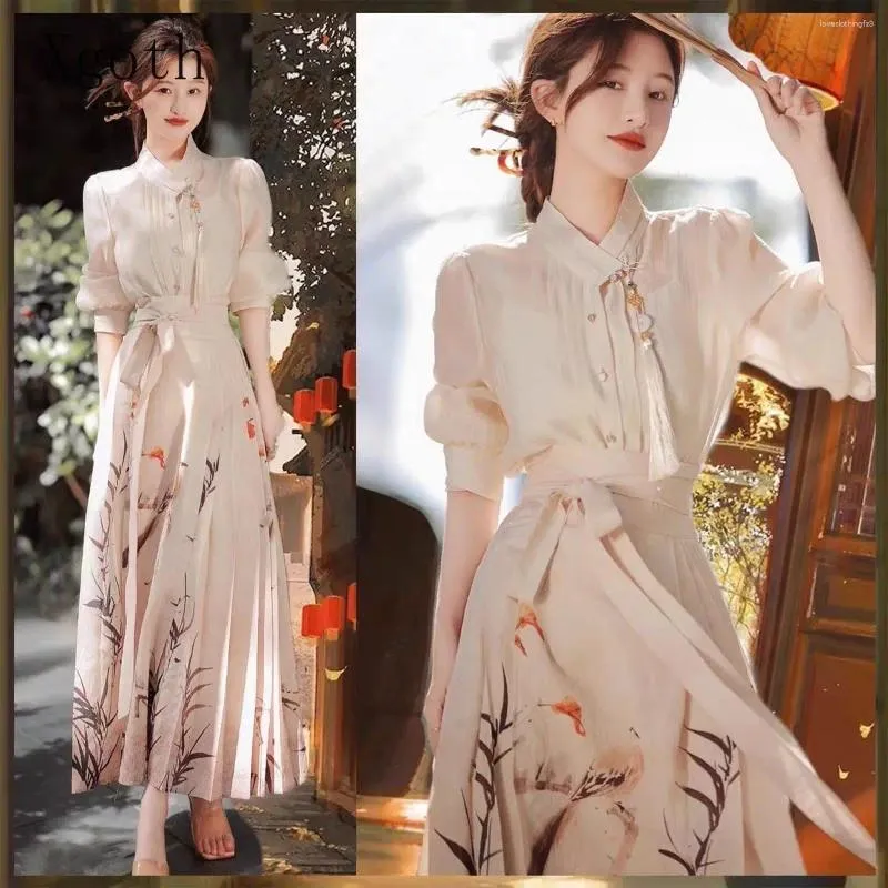 Work Dresses Chinese Style Women's Dress Improved Hanfu Retro Girl Slimming Classic Horse Skirt Summer Thin Suit Ensembles De Jupes