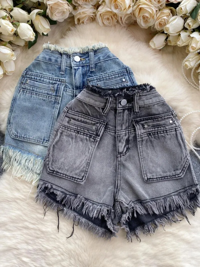 Women's Shorts Sweet Jean Short Pockets Stringy Selvedge High Waist Booty Korean Style Solid Color Vintage Streetwear Summer Dropship