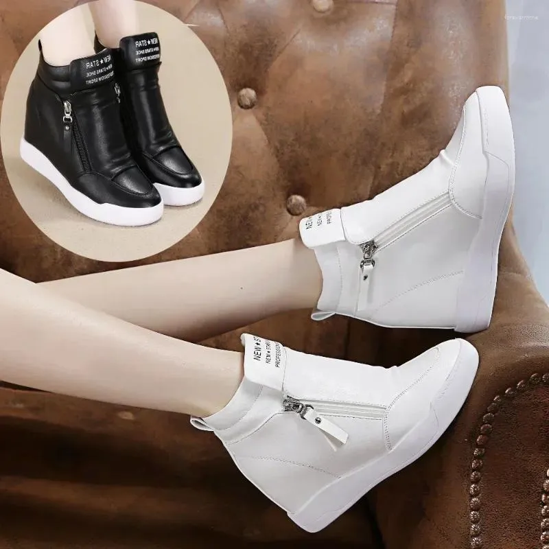 Casual Shoes Women Sneakers Leather Platform Wedge Boots Hidden Heel Öka kvinnan Chunky Side Zipper Vulcanized Hip Top