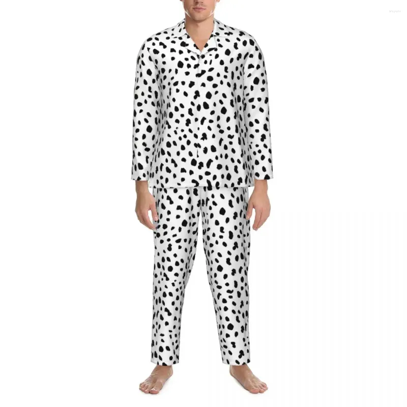 Mäns sömnkläder dalmatiska hundtryck pyjama sätter svartvita bekväma män långärmad avslappnad sömn 2 bit nattkläder stor storlek xl