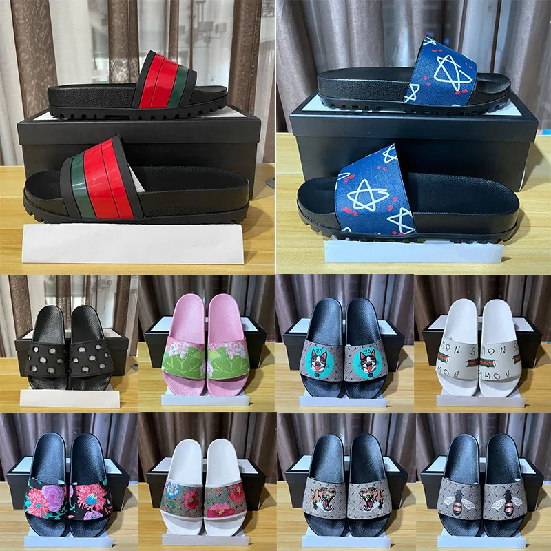 Designer Slides Heren Dames Slippers met Box bloei bloemen print leer Web Zwarte schoenen Mode luxe zomersandalen strand sneaker