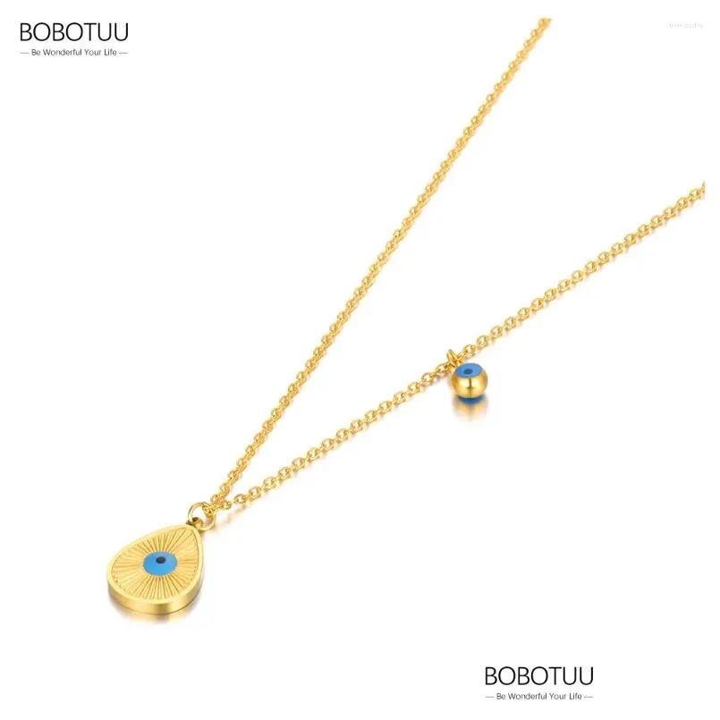Pendant Necklaces Bobotuu Blue Turkish Eyes Water Drop Necklace For Women 18K Gold Plated Stainless Steel Handmade Glaze Bn22184 Deliv Ot3Yp