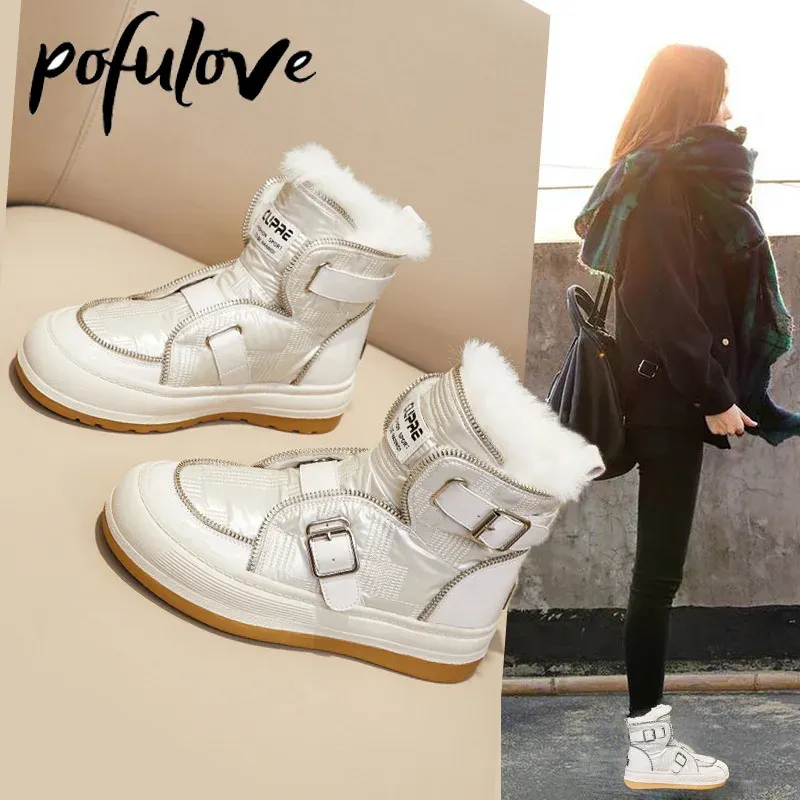 Sandaler Pofulove Women Snow Boots Winter Shoes Plush Warm Pur Boots Watertofat Patent Leather Ankle Booties Fashion Botas Black White