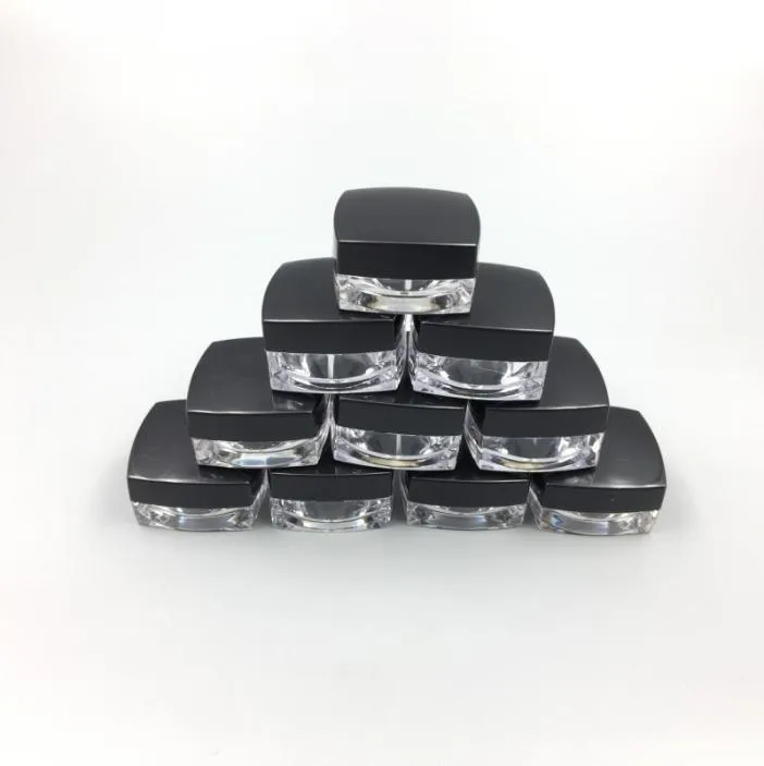 3GRAM PLASTIC JAR Square Form Clear Pot Black Cap Cosmetic Exempel Eyeshadow Lip Balm Container Nail Art Piece Glitter Bottle9967936