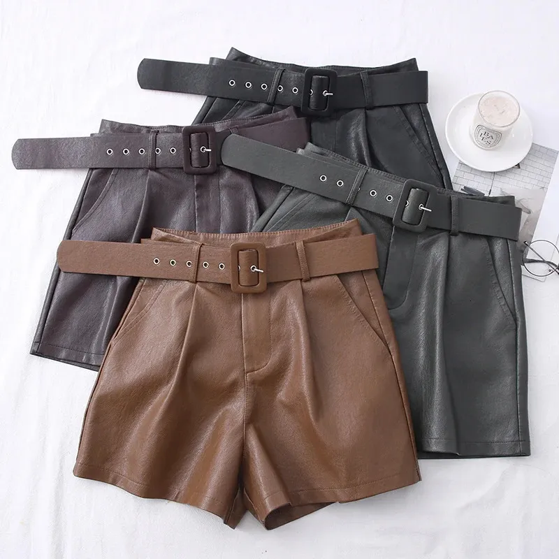 Shorts de couro pu feminino, shorts combinados com faixas largas, pernas curtas, sexy, outono inverno 240321
