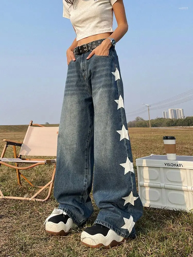 Женские брюки в европейском и американском стиле в стиле ретро. Индивидуальные джинсы High Street Star. Мужчины Женщины. Свободная талия. Длинные прямые брюки с широкими штанинами.