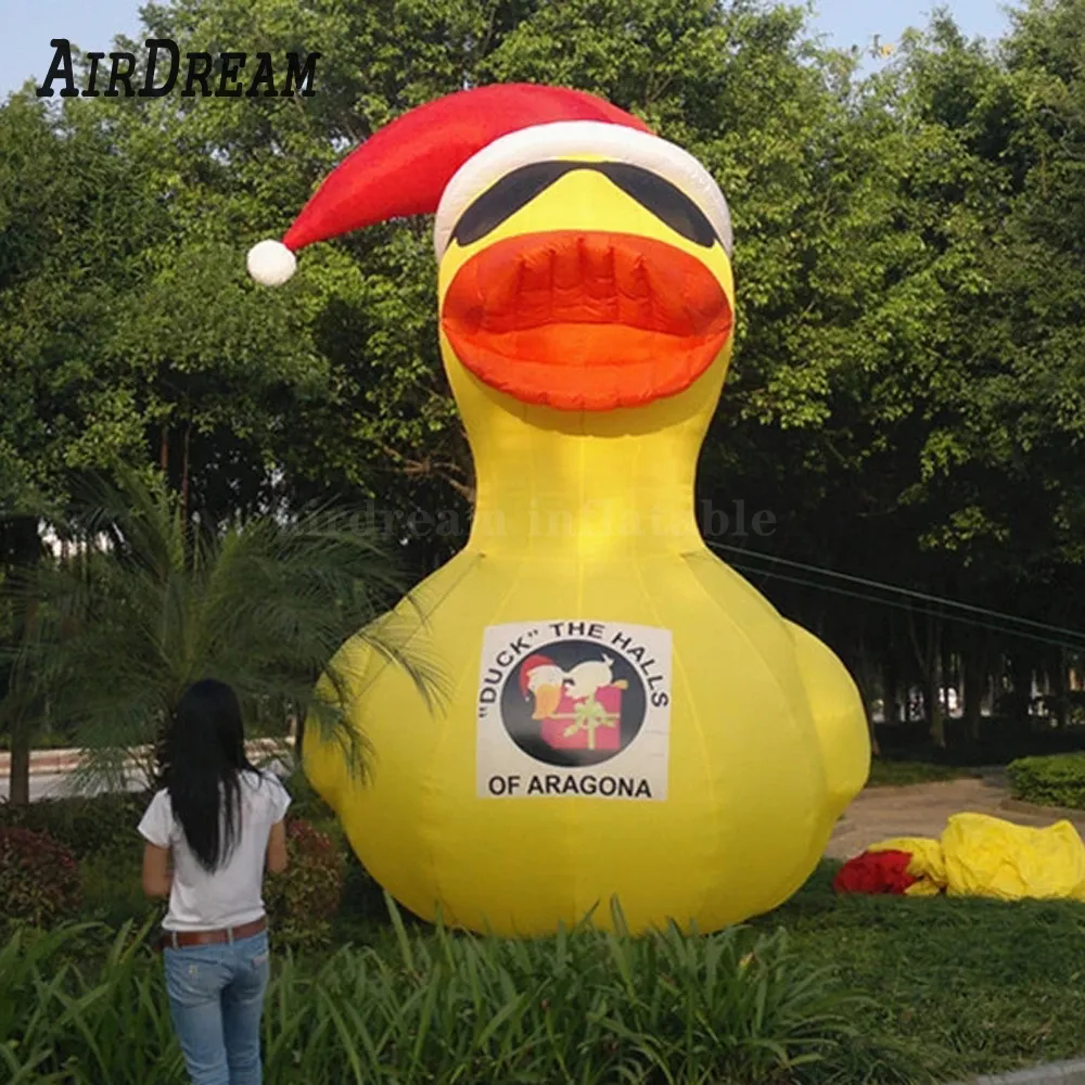 Cute Yellow Inflatable Duck Replica 8mH (26ft) With blower with a red hatAir Blown Animal Mascot Model For Park And Pool Decoration