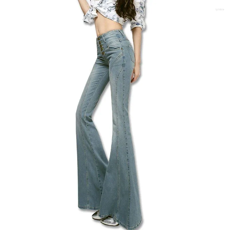 Женские джинсы, женские брендовые тонкие широкие джинсовые брюки-клеш, однобортные женские брюки с высокой талией, осенне-зимняя одежда