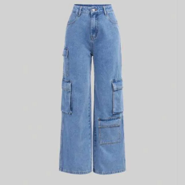 Pantalon en jean pour filles, poche à rabat, fermeture éclair, coupe régulière naturelle, taille haute, jambe droite, pantalon Cargo pour femmes