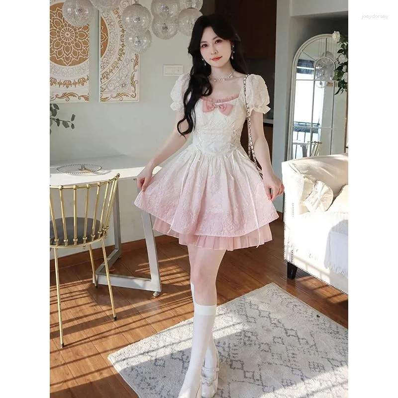 kawaii formal dresses Japanese Gothic Lolita Princess Dress Women Kawaii Lace Ruffles Bow Bandage Slim Party Dresses Girls Y2k Elegant Cute Mini Dress Pink / M
