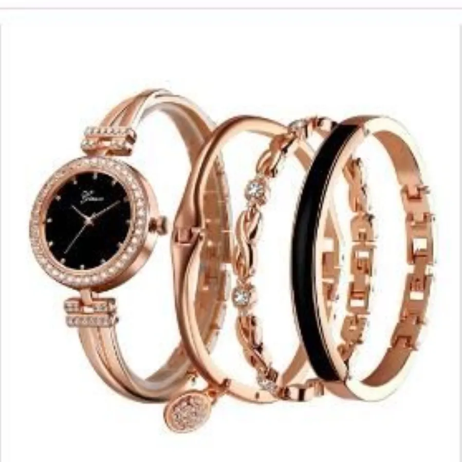 4 pçs conjunto feminino rosa ouro diamante pulseira relógio de luxo jóias senhoras feminino menina relógio casual quartzo relógios de pulso wy1052977