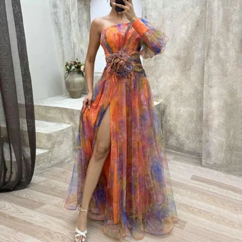 Floor Length One Shoulder Double-Layered Tie-Dye Flowy Evening Gown with Flower Print and Bubble Sleeves for Women's Casual Evening Wear