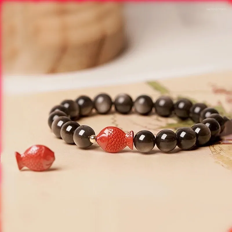 Link pulseiras pulseira de cristal obsidiana natural emparelhado com peixe vermelho cinábrio para casais masculinos e femininos moda atmosférica