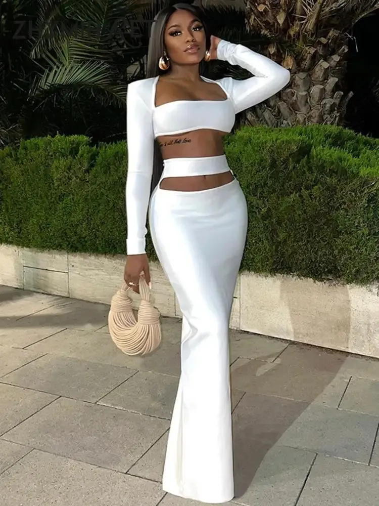 Elegant White Two-Piece Set Square Collar Crop Top Long Skirt, Hollow  Out Sleeves, Formal Office Lady Dress, Chic Stylish