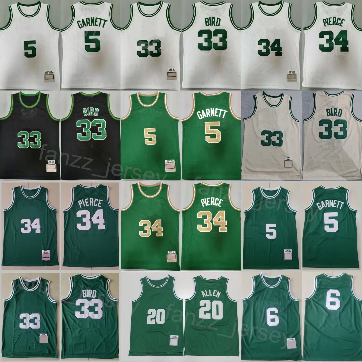 Maglie da basket retrò Ray Allen 20 Vintage Bill 6 Larry Bird 33 Paul Pierce 34 Kevin Garnett 5 Uomo Ricamo e cucito in puro cotone Alta qualità in vendita