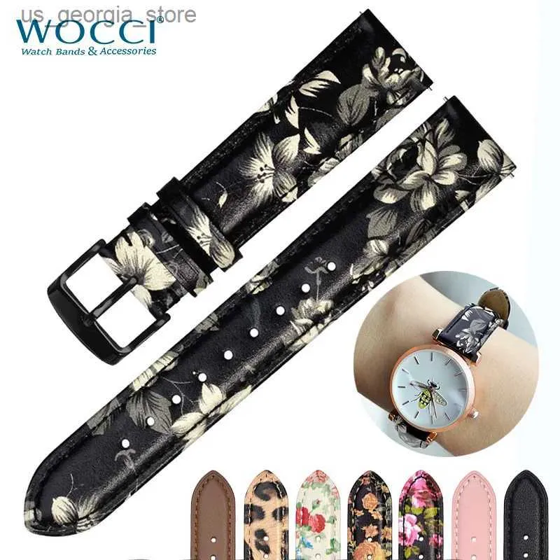 Titta på Bands Wocci Womens Flower Band Leather Watch Band 18mm 20mm 22mm med snabba armband rostfritt stål svart spänne y240321