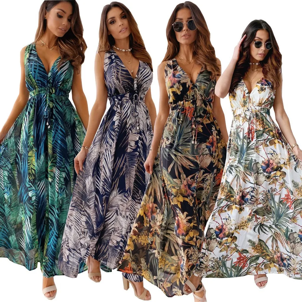 Verão chiffon feminino elegante vestido longo senhoras moda impressão boho praia midi vestidos para mulher sexy decote em v sem mangas