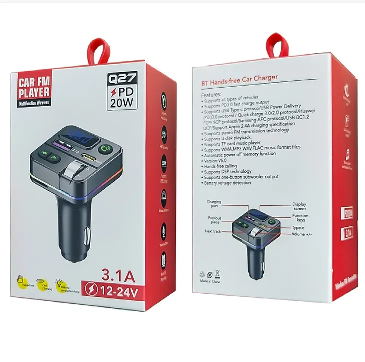 DHL Darmowa wysyłka Q27 bezprzewodowy zestaw samochodowy Bluetooth Mp3 Odtwarzacz Radio FM Nadajnik 3.1A FM ​​TYPE-C Szybki USB C ładowarka portu Aux