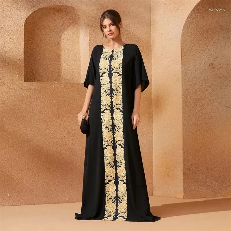 Ethnische Kleidung Abaya für Frauen Ramadan Arabische Türkei Langes Kleid Golddruck Schwarz Mittelärmel O-Ausschnitt Dubai Gurban Morroccan Caftan