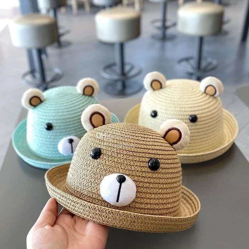 Pêcheur mignon polyvalent à la mode adapté à la tresse d'herbe pour les garçons et les filles chapeau de paille respirant vacances plage jouer visière petit ours casquettes pour enfants