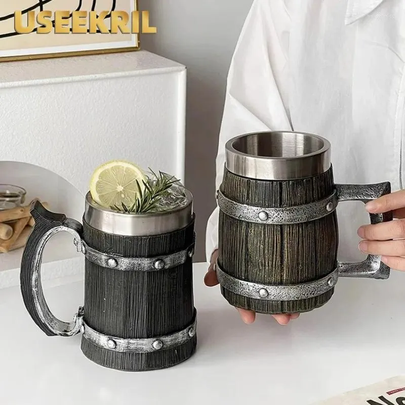 Mugs Creative Tiki Mug Wooden Barrel Beer With Handle Stainless Steel Viking Large Capacity Cocktail Cups Bar Tools