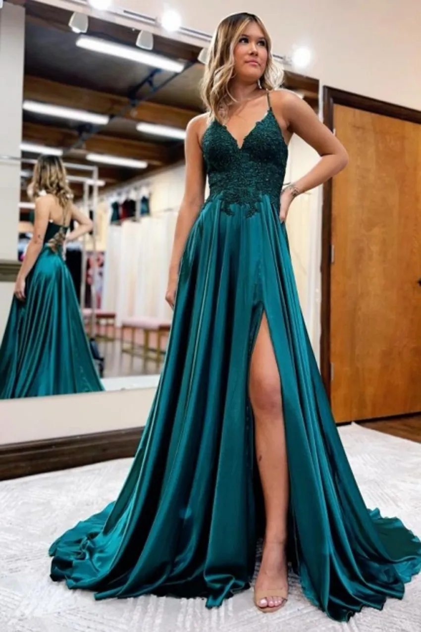 green emerald velvet dress Sexy V Neck Backless Blue Long Prom Dress with High Slit, V Neck Blue –  abcprom main image 0