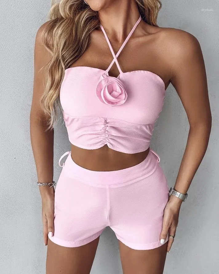 Women's Tracksuits 2024 Summer Fashion Casual Two Piece Set Rose Detail Shirring Ruched Tied Halter Crop Top And Skinny Shorts