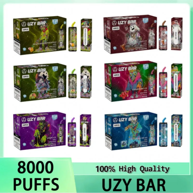 Barre d'uzy d'origine 8000 Puffs Pen de vape de cigarette électronique jetable 18 ml 600mAh Batterie rechargeable Type C Coil à maillage 10 FLAVORS 0% 2% 3% 5% Disponible 8K Pouffle