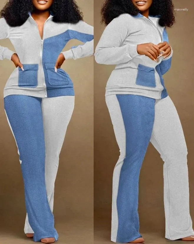 Kadınların İki Parçası Pantolon Sıradan Sweatshirt Setleri 2024 Bahar Son Moda Stand Yaka Plus Boyut Boyut Görünüyor Baskı fermuarlı Tasarım Toppantları