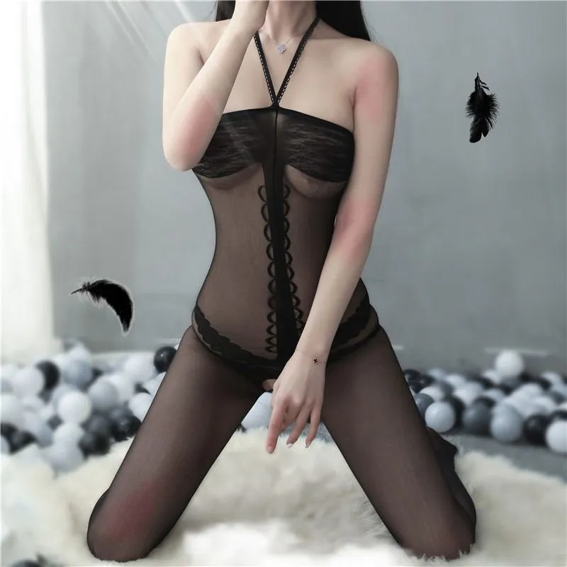 Intimo al collo Tentazione sexy Maglia intera con calze trasparenti appese Set Passion Xxxhh