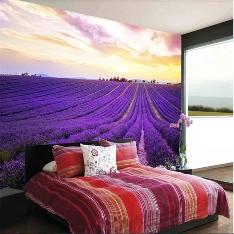 Tapety niestandardowe piękne fioletowe lawendy kwiaty pastoralne po malowidła tapeta 3D TV Tła Tło salon malowanie ściany dekoracje domu