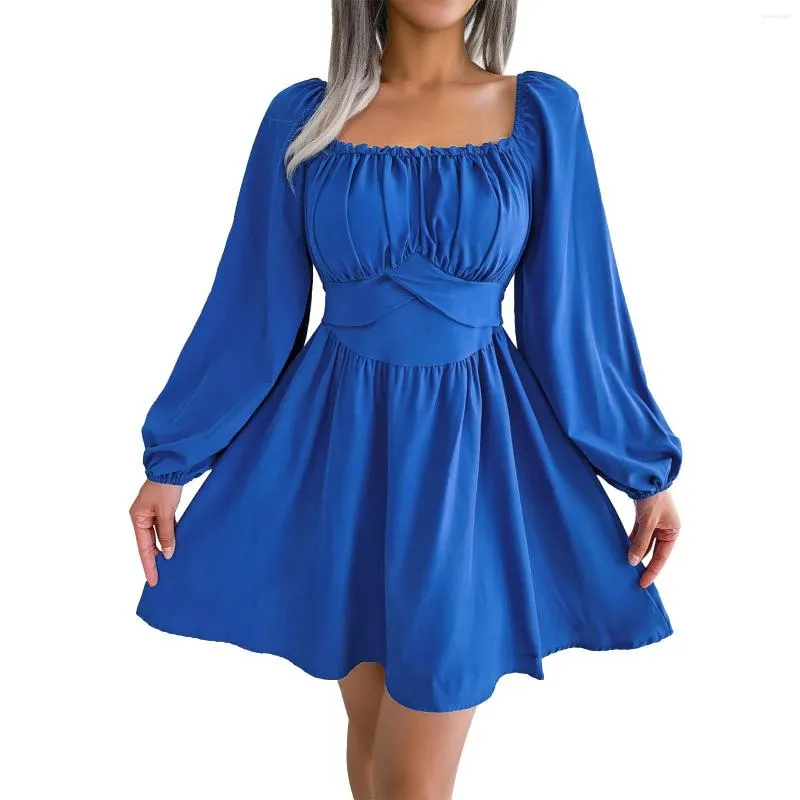 Casual Dresses Women Elegant Square Neck Mini Dress 2024 Autumn Long Sleeve Ruffle Short Ruched High Waist Formal For Robe