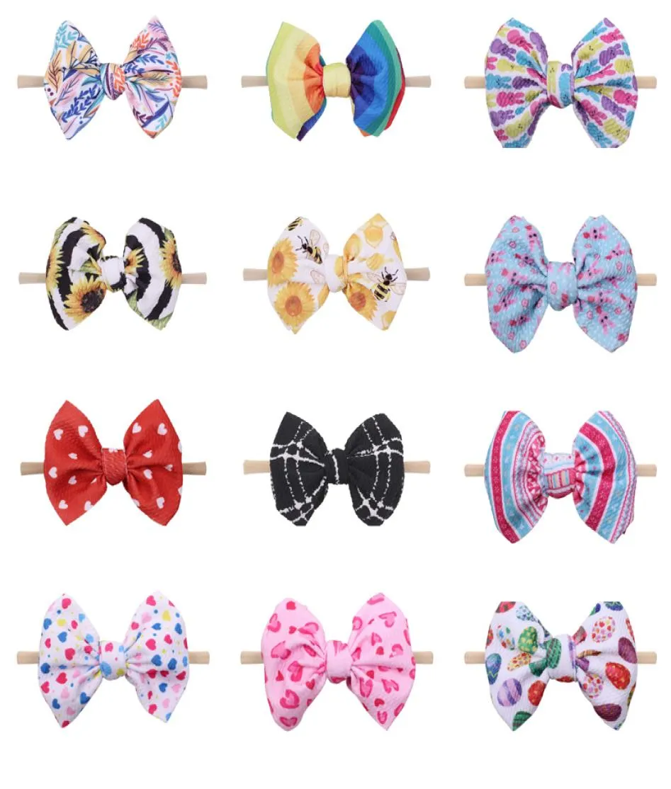 Enfants filles imprimé bandeau 45 pouces gaufré en nylon bandeau infantile bébé dessin animé imprimé bandeau de cheveux enfants gros arcs fête coiffure 0608393084