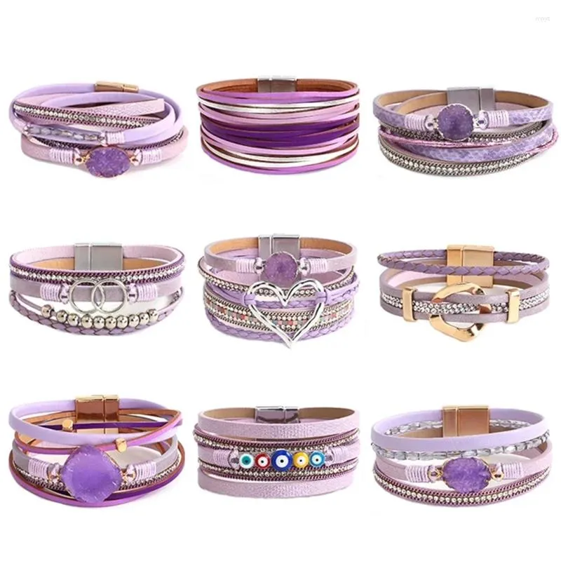 Bangle Fashion Purple Multiple Wrap Leather Bracelet For Women Magnet Clasp Heart Star Crystal Chain Braided Bracelets Charm Jewelry