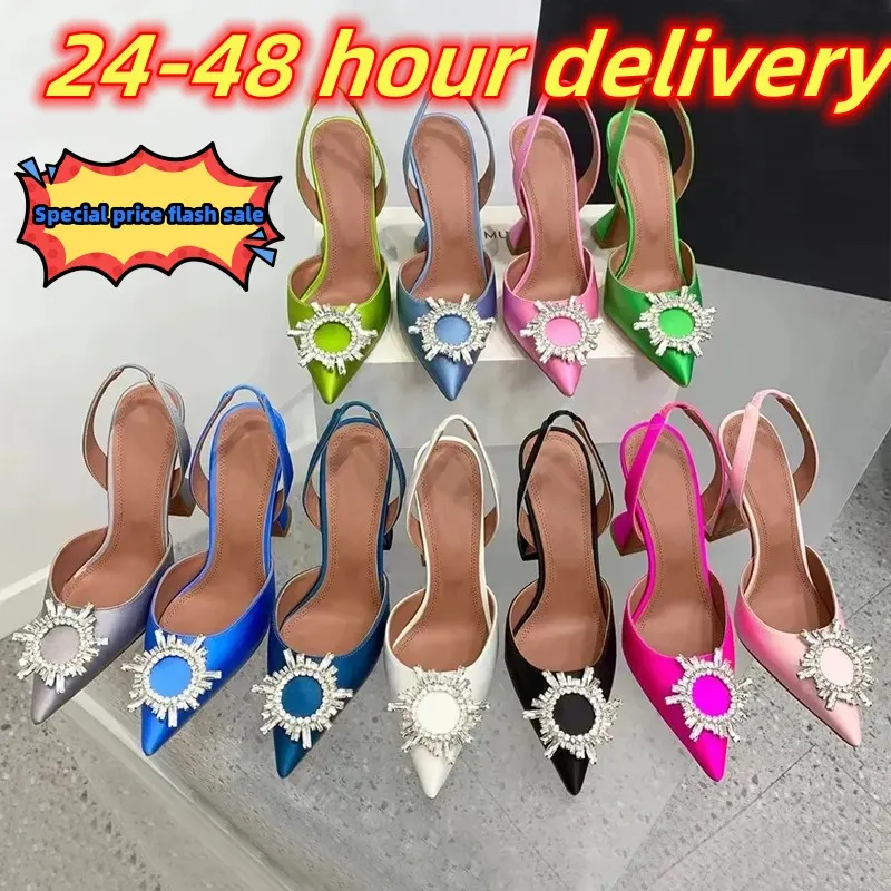 Amina Muaddi Begum 90mm Slingback Pompaları Kadın Pompalar Yüksek Topuklu Slingback Topuklar Lüks Tasarımcı Rosie Sling Topuklu Parti Düğün Ayakkabıları% 100 Gerçek Deri Dermal Sole