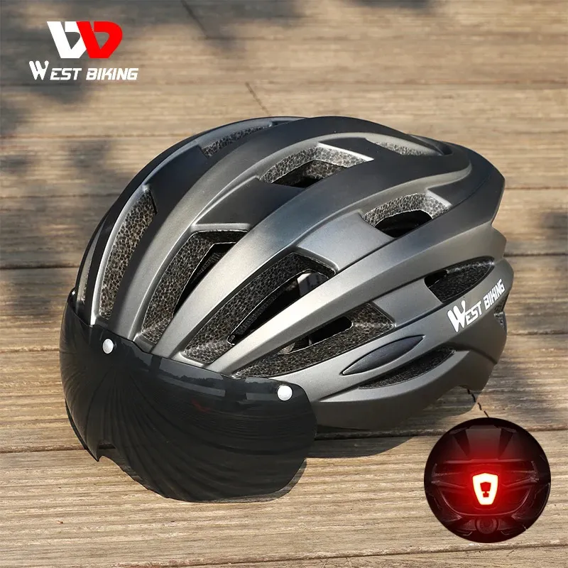 WEST BIKING casque de cyclisme hommes femmes avec lunettes de feu arrière route vtt casque de vélo pare-soleil lentille E-Bike casque de moto 240311