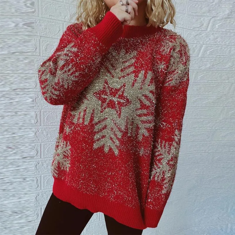 Damen Strickpullover 2024 Jahr Pullover Goldfaden Jacquard Big Snowflake Elch Weihnachtspullover weiblich