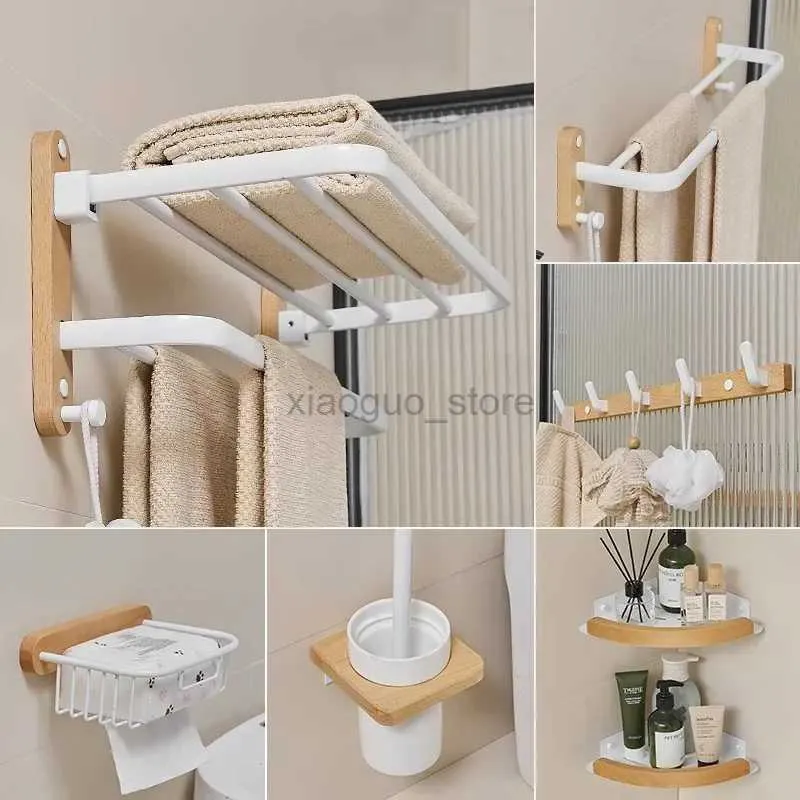 Handdukringar Träbadrum Hårdvaruuppsättningar Handduk Rack Pappershållare Handduk Bar Hook Beech Shelf Badrumstillbehör Vitt kit 240321