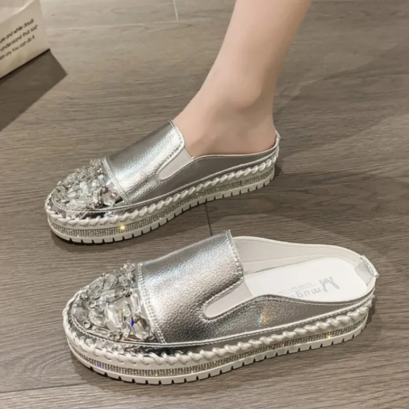 Flats Crystals okrągłe palce skórzane buty kobiety srebrne mokasyny bling pary platforma buty kobietę z uczniami rozmiar 43