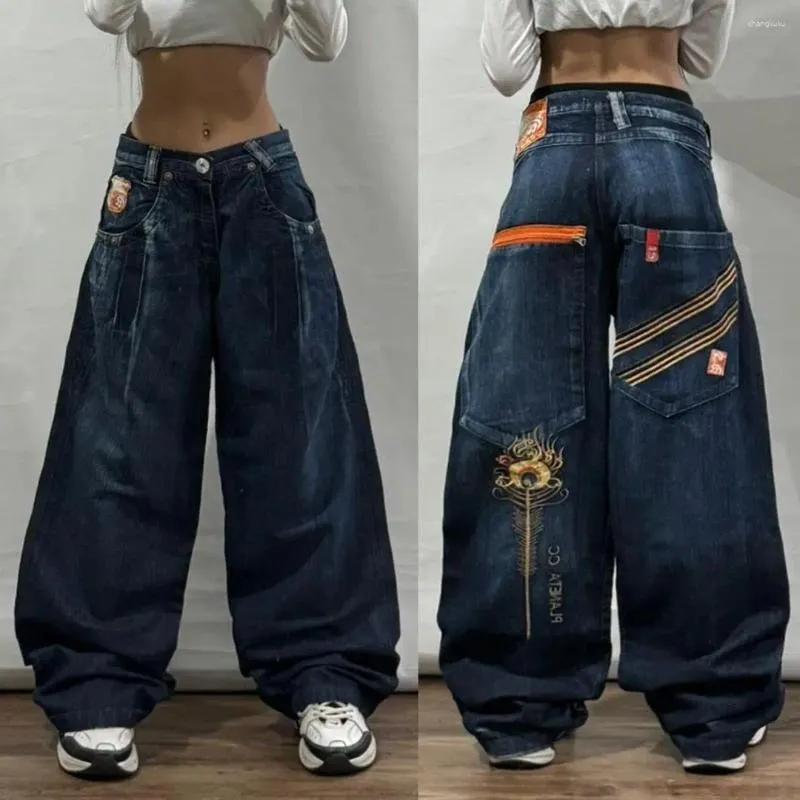 Jeans pour femmes Y2K mode coréenne grande poche motif brodé Baggy décontracté taille haute jambe droite large