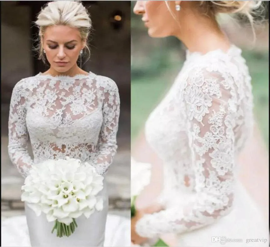 Elegant 2019 White Ivory Bridal Bolero Jackets Wedding Top Spets långärmad juvelhals Anpassad plus Size5173727