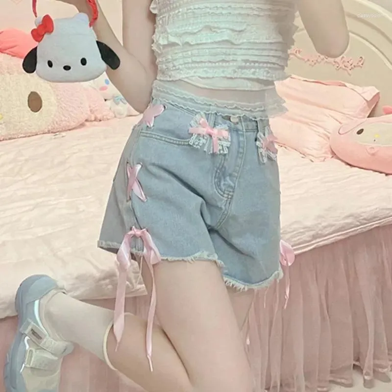 Damskie szorty Summer Sweet Lolita Short Pants Dziewczęta Kawaii High talia swobodne kokardki dżinsowe kobiety Koreański styl różowy koronkowy bandaż dżinsy 2024
