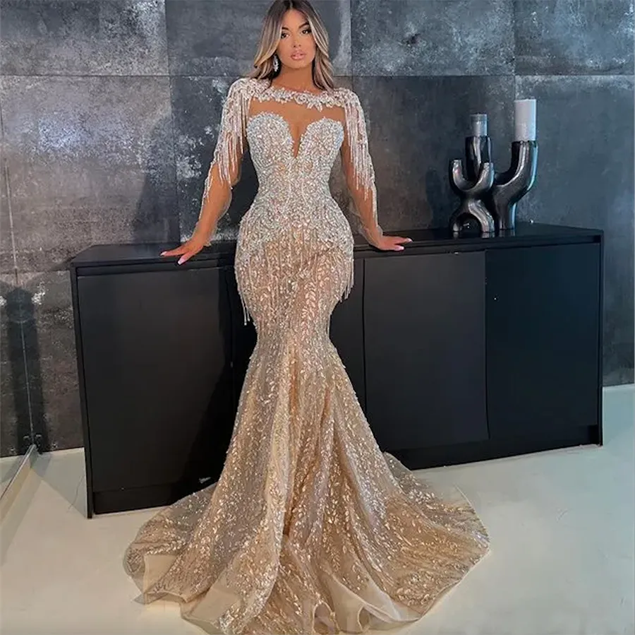 Ebi Aso Champagner Mermaid Prom Kleid Perlen Kristalle Abend formelle Party Zweiter Empfangsgeburtstag Brautjungfern Verlobungskleider Kleider Robe de Soiree es